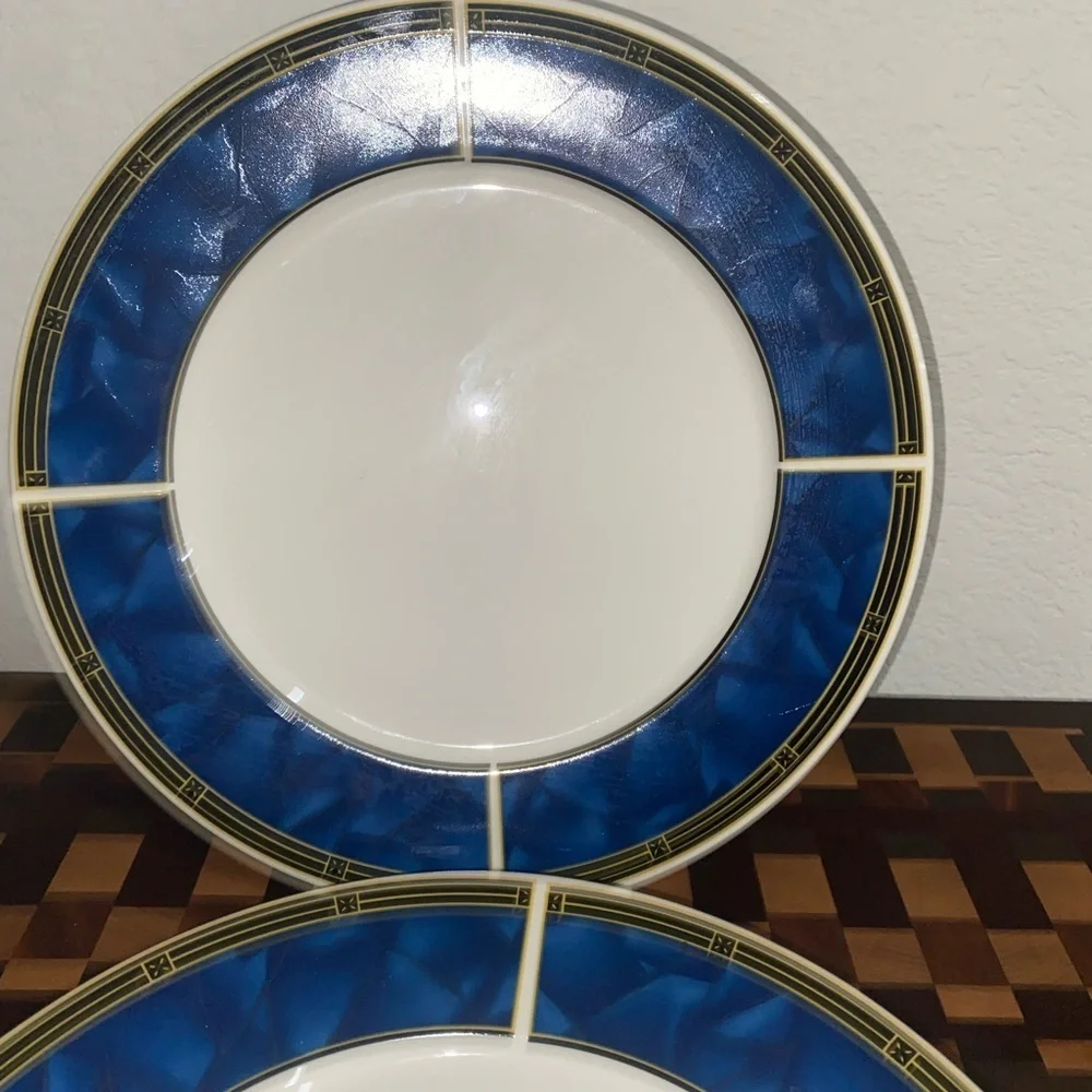 4 VTG Sapphire Sango 8822 MCM Stoneware Blue White Yellow 10.5”Dinner Plate Set
